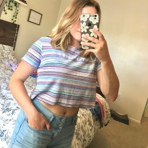 Hand Embroidered “Self Love” Striped Cropped Tee